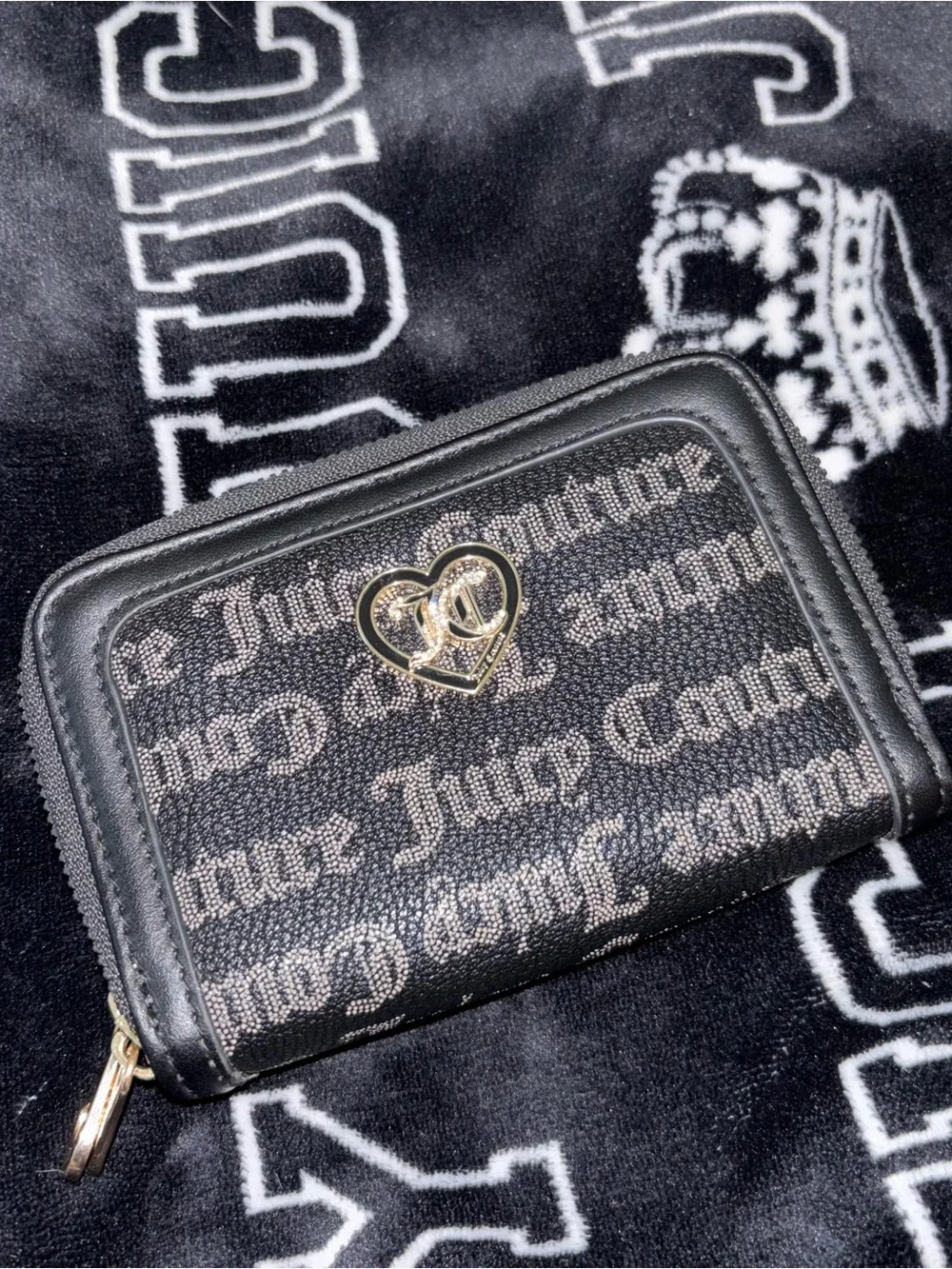 Juicy Couture Black Logo Zip Wallet with Gold Heart Charm